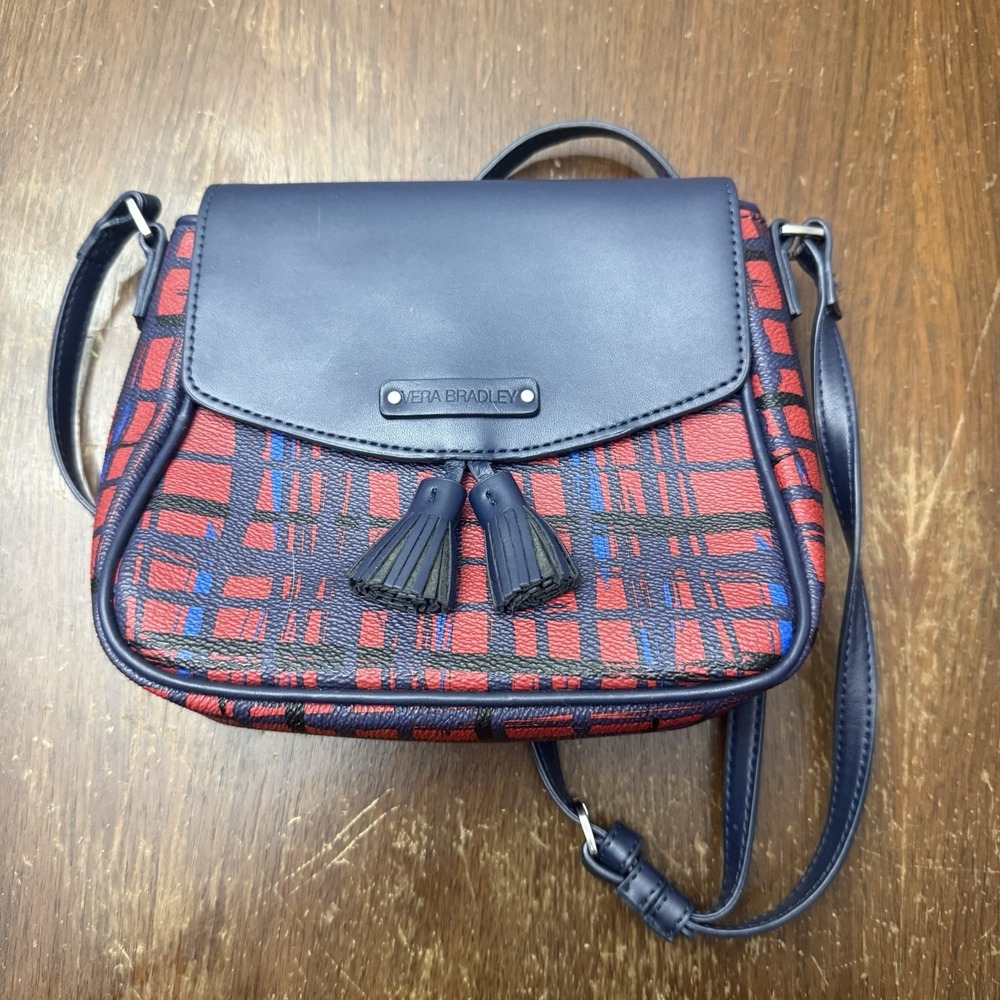 Vera Bradley Faux Leather Crossbody Bag Red Blue Plaid Tassel Purse
